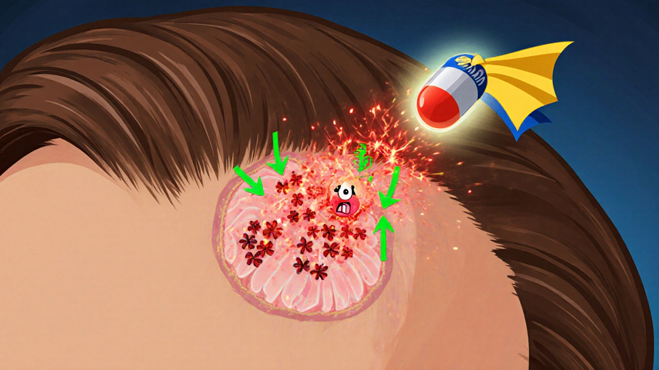 Animated pill blocks red DHT molecules, helping hair follicles grow.