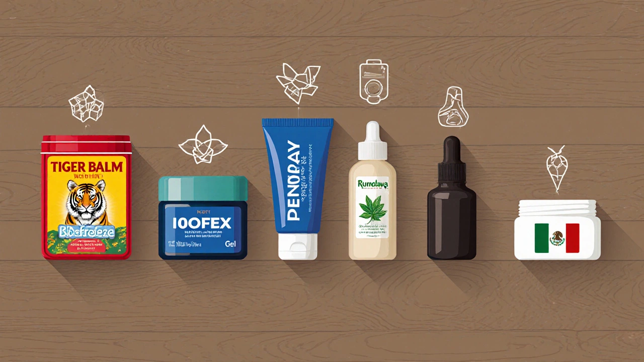 Assortment of seven topical analgesic tubes and jars displayed on a table.