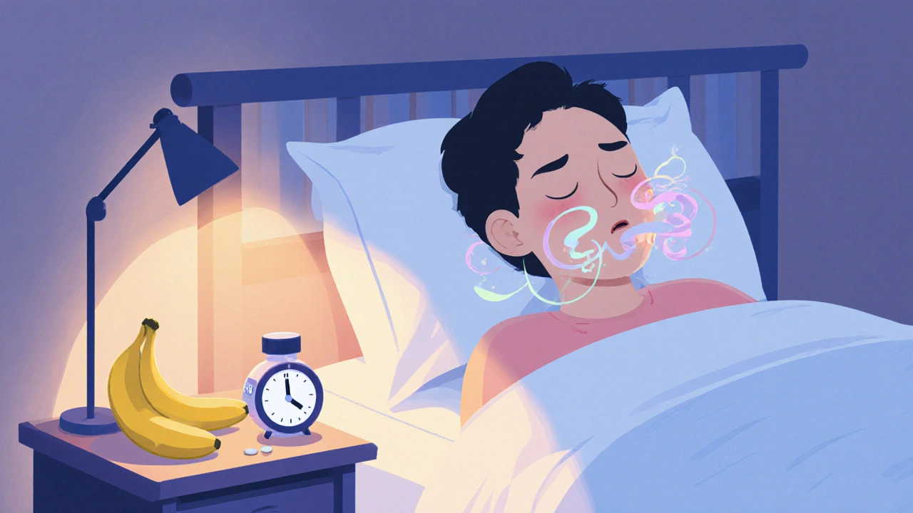 Bedroom scene showing elevated headboard, evening snack, breathing exercise, and ulcer medication.