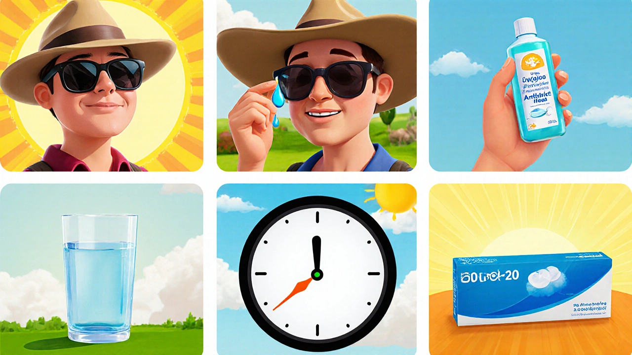 Cartoon collage of seven eye‑protection tips like sunglasses, hat, drops, water, and breaks.