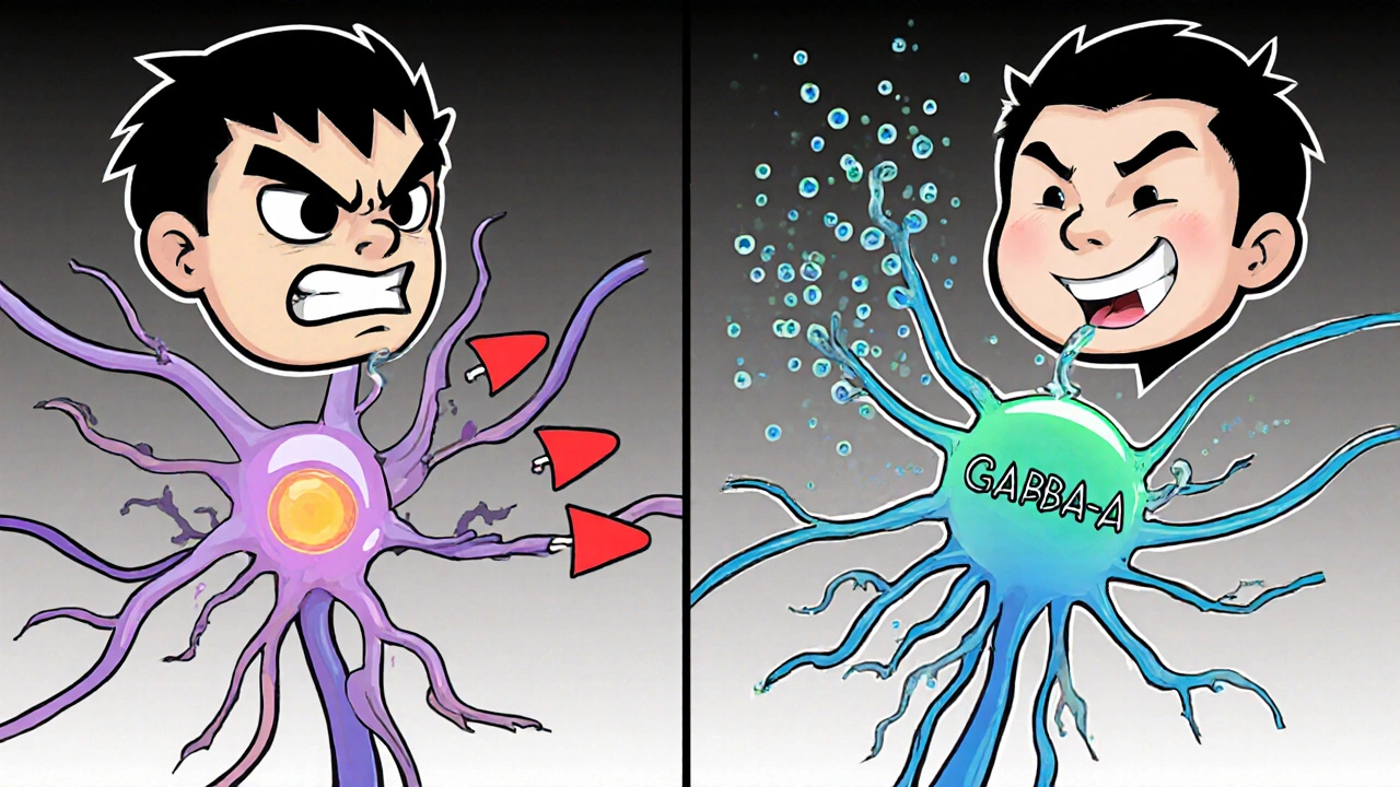 Cartoon molecules showing opioid binding to MOR and benzodiazepine enhancing GABA‑A in brainstem.