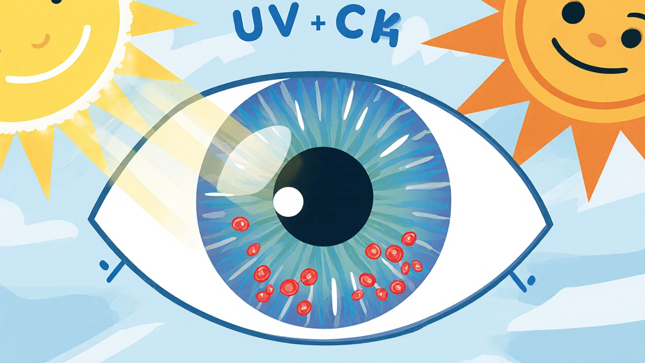 Cross‑section of an eye showing UV rays causing inflammation and red vessels.