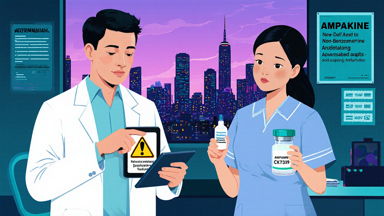 Doctor and nurse in clinic with naloxone spray and experimental ampakine vial, city skyline behind.