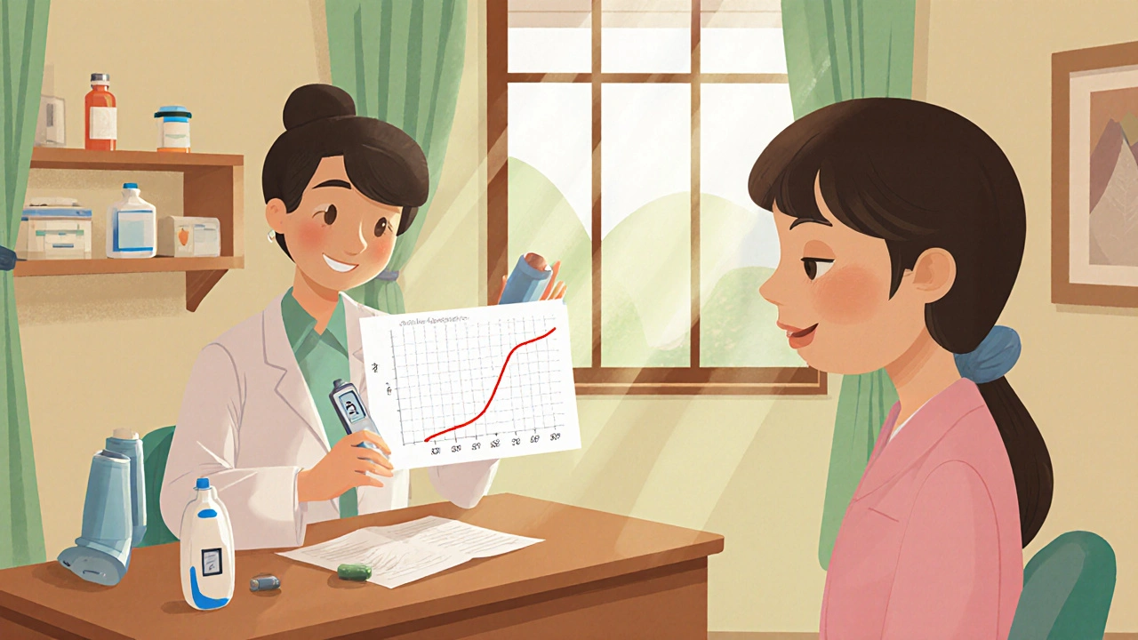 Doctor and patient discuss recovery using spirometry and glucose meter icons.