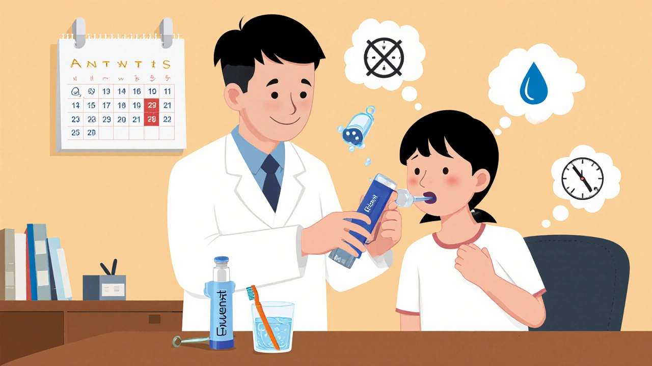 Doctor demonstrating spacer and mouth rinsing with patient in a friendly office setting.