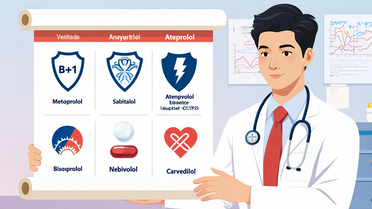 Doctor presenting a scroll comparing six beta‑blocker icons.
