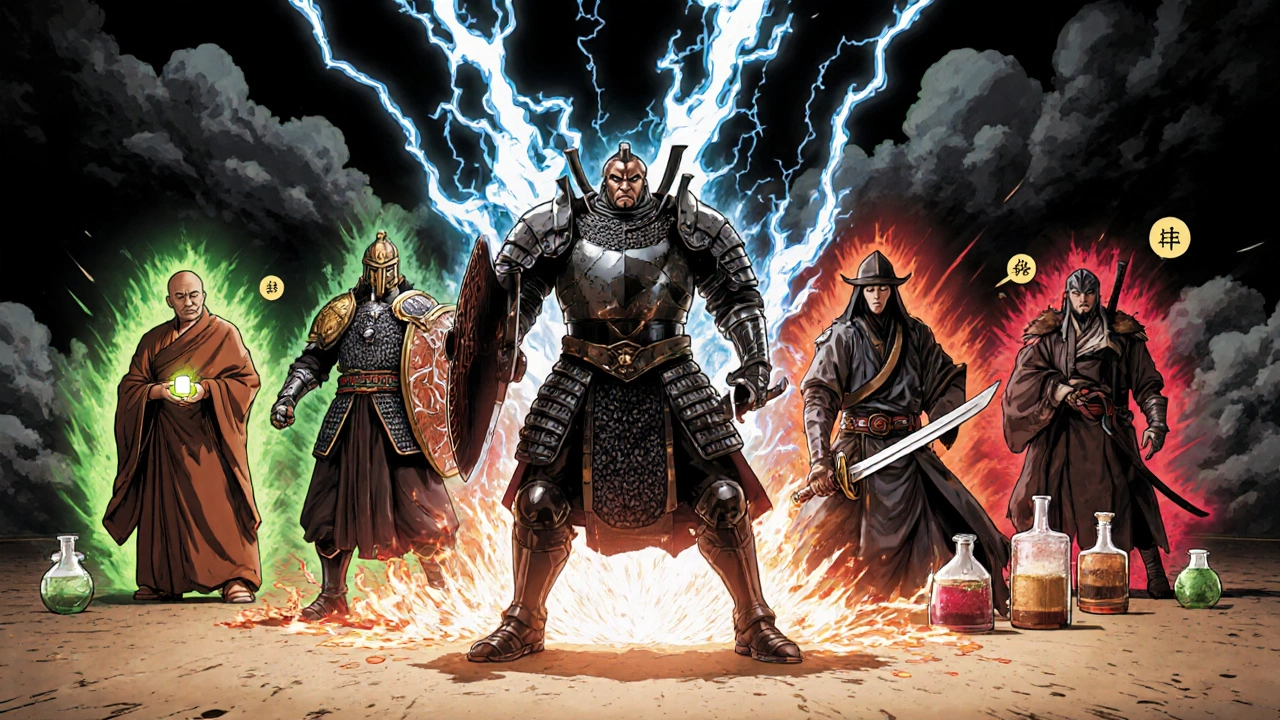 Five drug characters as warriors show effectiveness auras and side‑effect clouds.