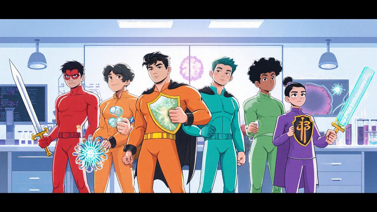 Five drug characters lined up, each holding an item showing its unique trait.