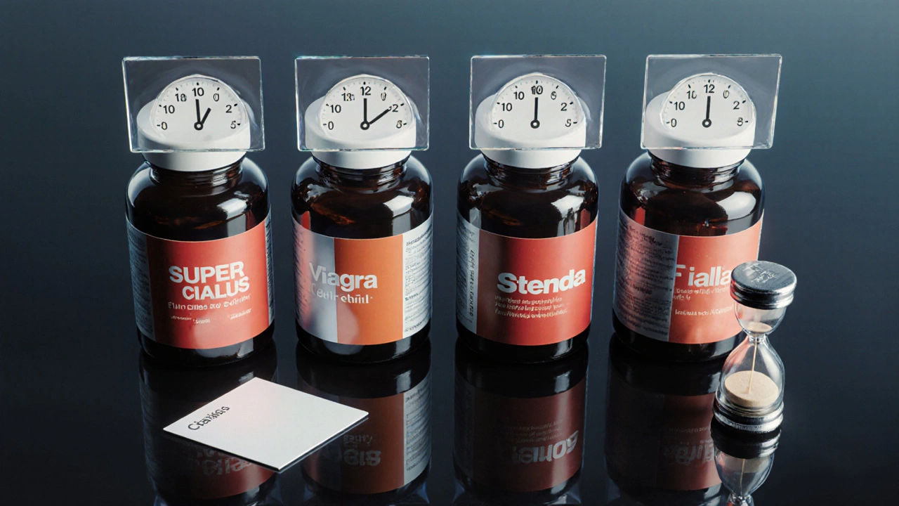Four pill bottles on a glossy surface with clocks and hourglasses indicating onset and duration for each drug.