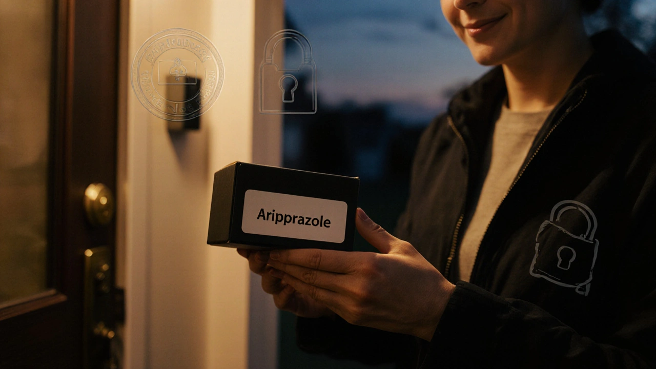 Hands holding a discreet medication box at a doorstep under warm evening light.
