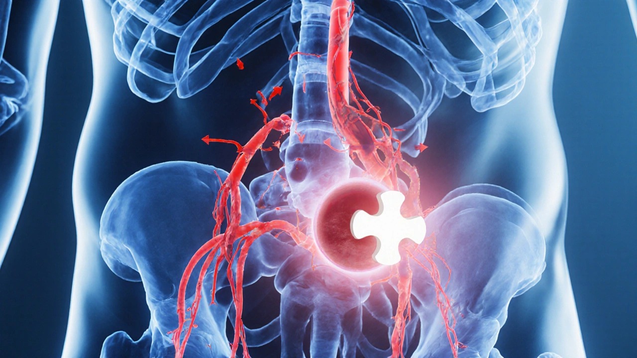 Illustrated cross‑section showing blood flow to the penis and a drug blocking an enzyme.