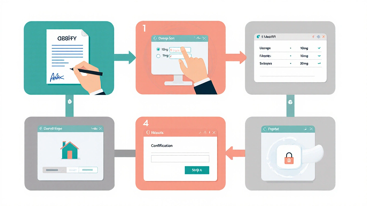 Illustrated workflow showing prescription upload, dosage selection, shipping, payment, and confirmation.