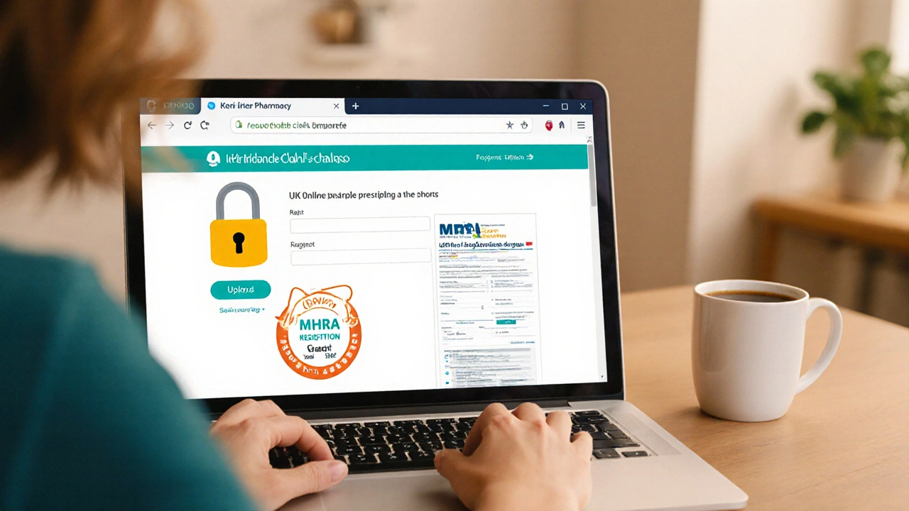 Illustration of a person accessing a secure online pharmacy site with a padlock icon.