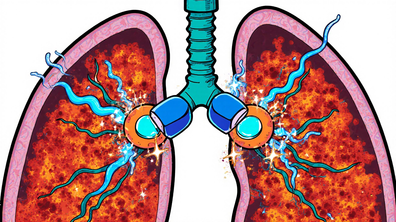 Illustration of dexamethasone molecules calming inflamed lung cells.
