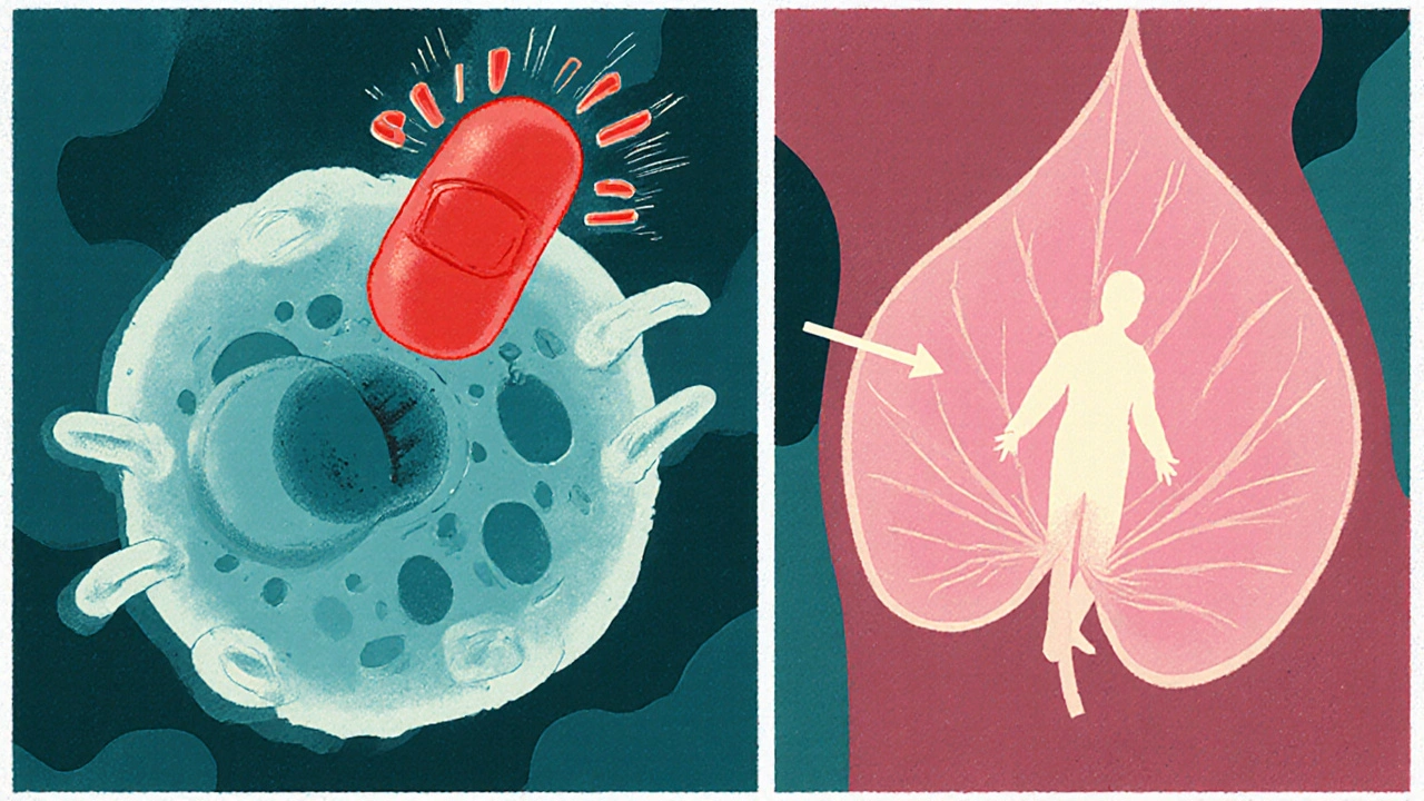 Illustration of erythromycin blocking bacterial ribosome and low placental transfer.