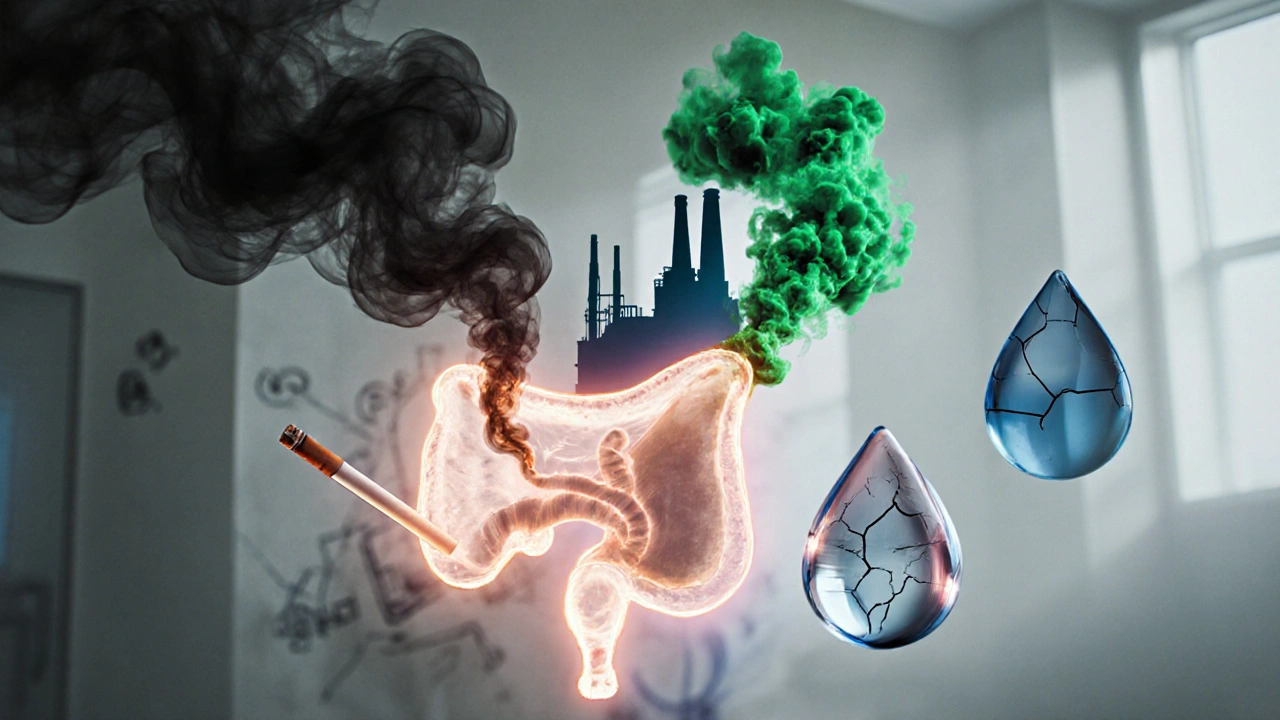 Illustration of smoking, chemicals, and dehydration factors surrounding a bladder.