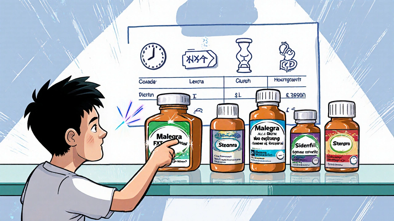 Lineup of six pill bottles with a man pointing at the combo pill, highlighted by icons of onset and duration.