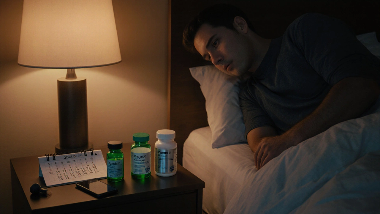 Man in bedroom looking at two pill bottles on a nightstand with a calendar hint.