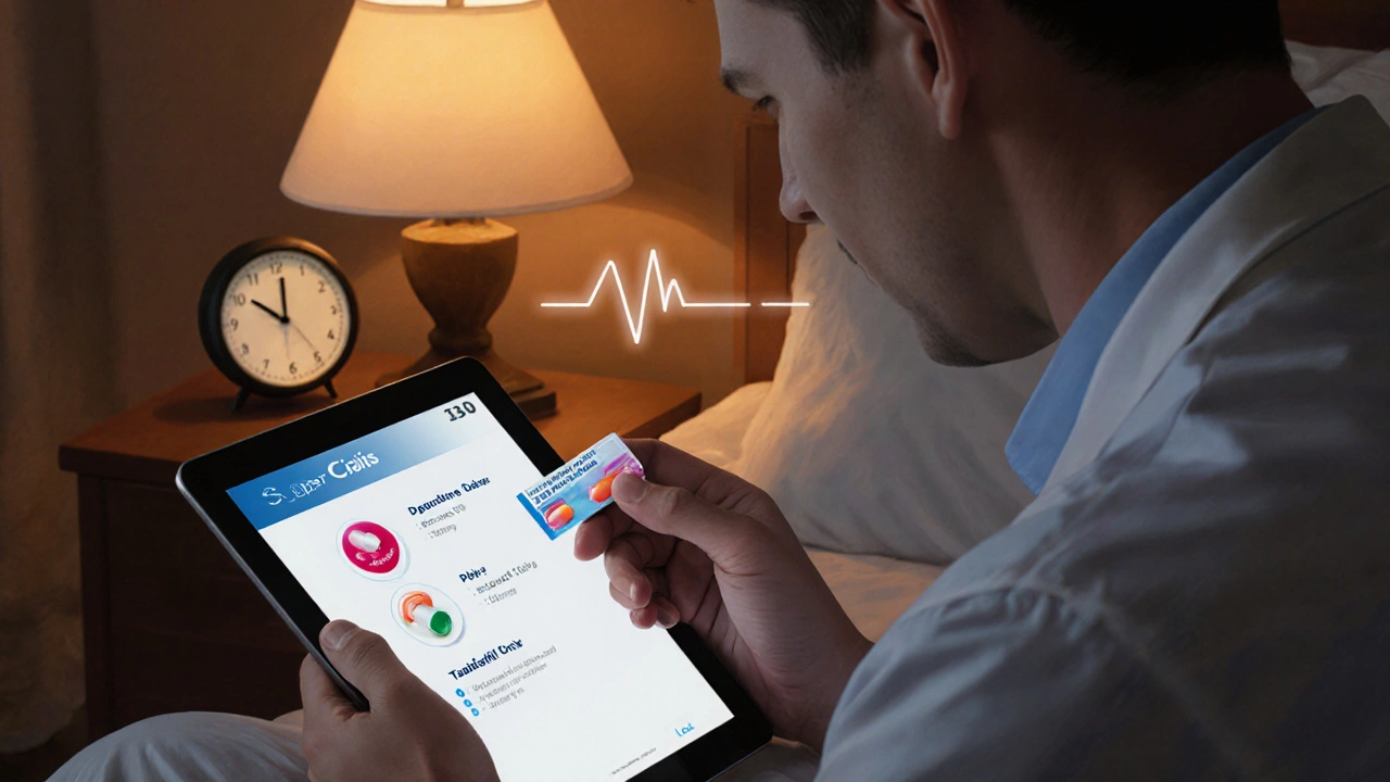 Man on a video call with doctor, holding a two‑tone Super Cialis tablet, with a bedside clock showing 30 minutes.