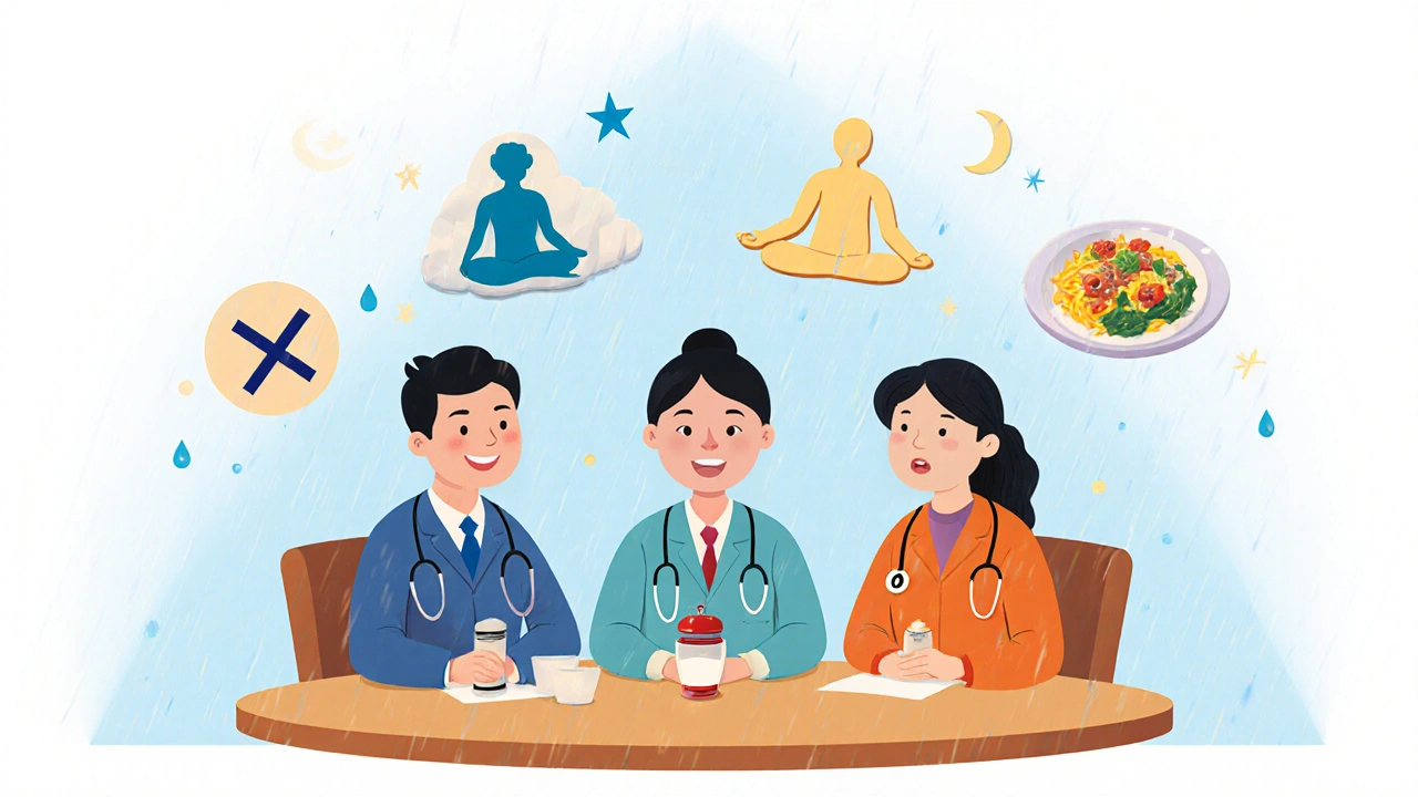 Manhua depiction of a patient with three doctors and lifestyle icons around a round table.