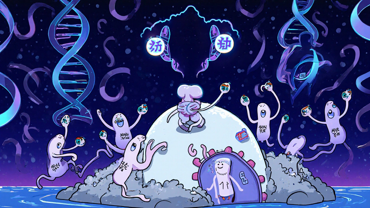 Manhua scene showing antibody characters attacking a stylized thyroid gland with genetic ribbons.