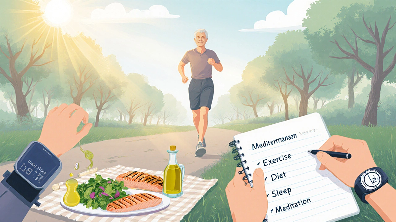 Morning scene of walking, Mediterranean food, and blood pressure monitor indicating healthy lifestyle.