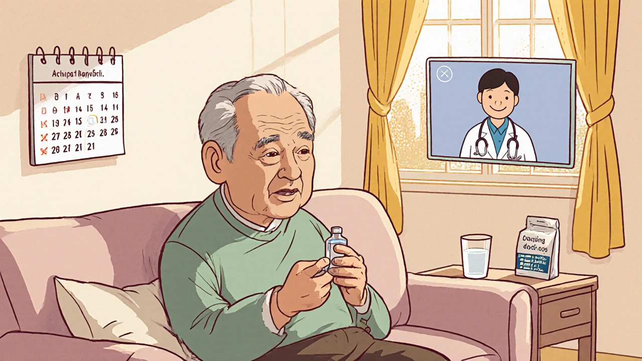 Older person takes a pill at home with water, calendar checks, and a video‑call doctor.