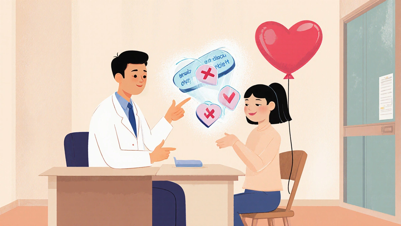 Patient and doctor discussing medication options in a clinic.