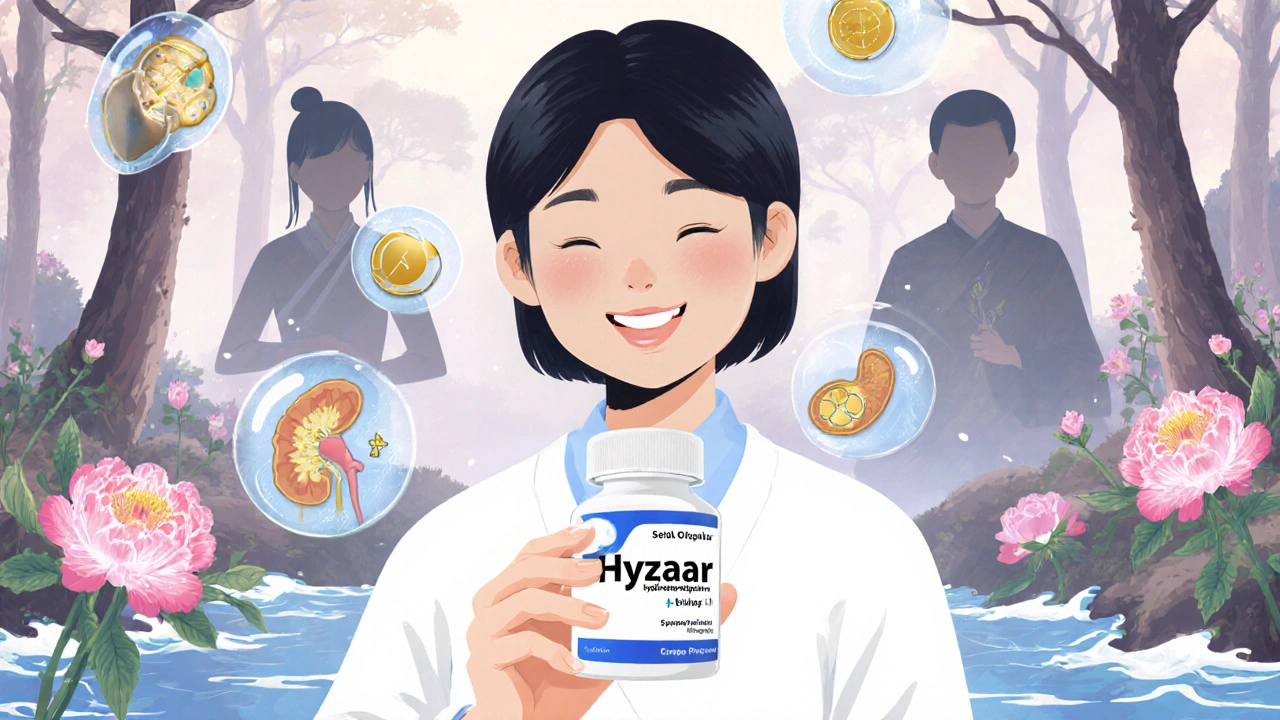 Patient holds combination blood pressure pill with positive health icons in peaceful garden