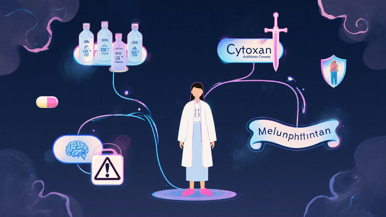 Patient silhouette with branching paths showing drug choices for different cancers.