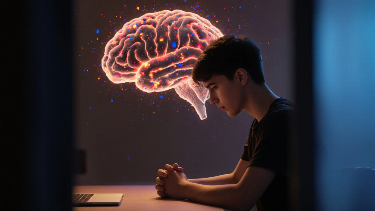 Person feeling anxious with a translucent brain showing inflammation and neurotransmitter imbalance.