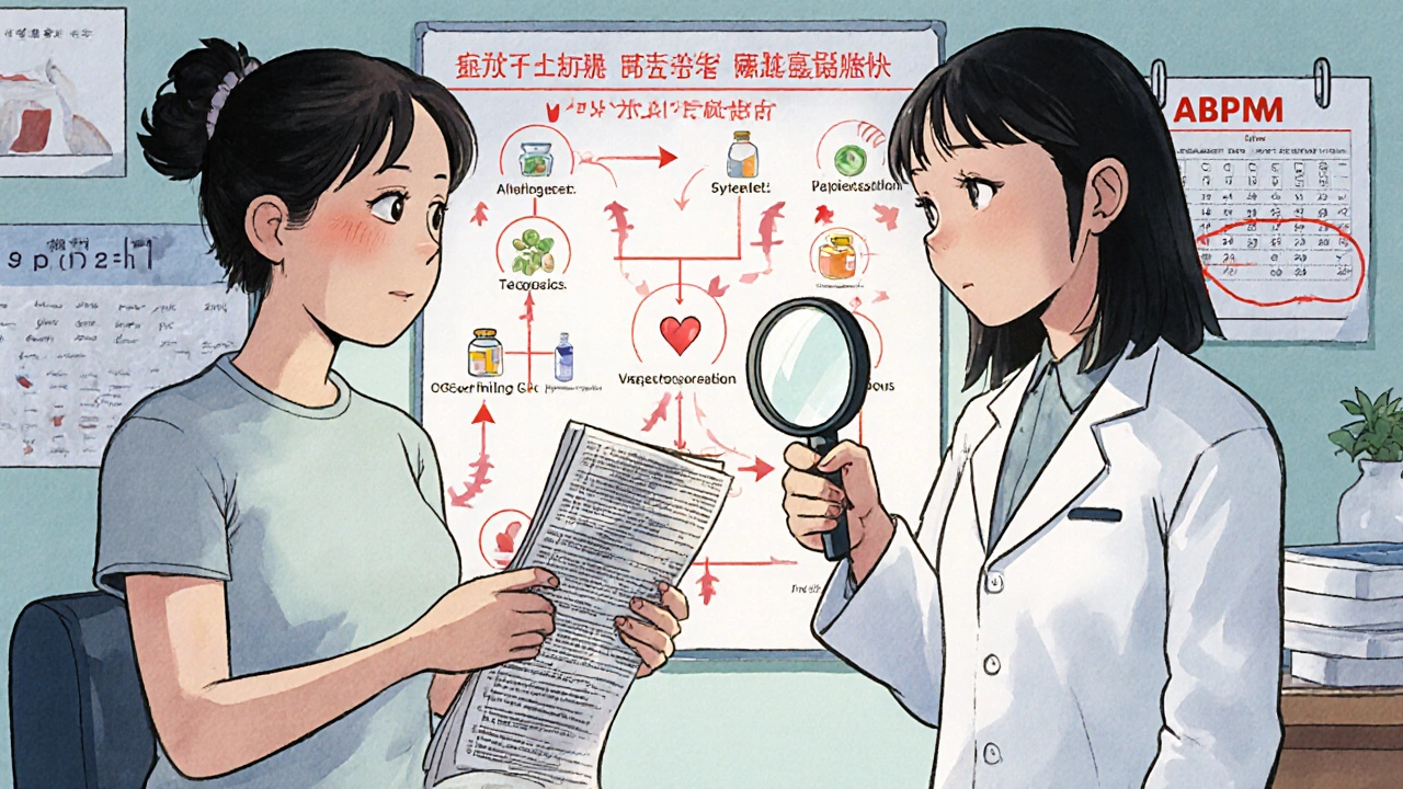 Pharmacist examining a medication list with a flowchart showing how drugs raise blood pressure.