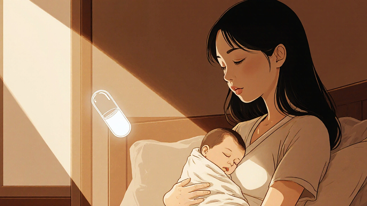 Pregnant mother holding newborn with faint erythromycin capsule symbolizing safety.