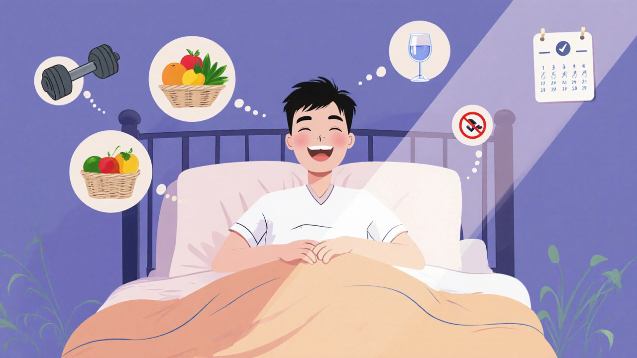Relaxed man on a bed surrounded by health icons and a calendar with a follow‑up check mark.