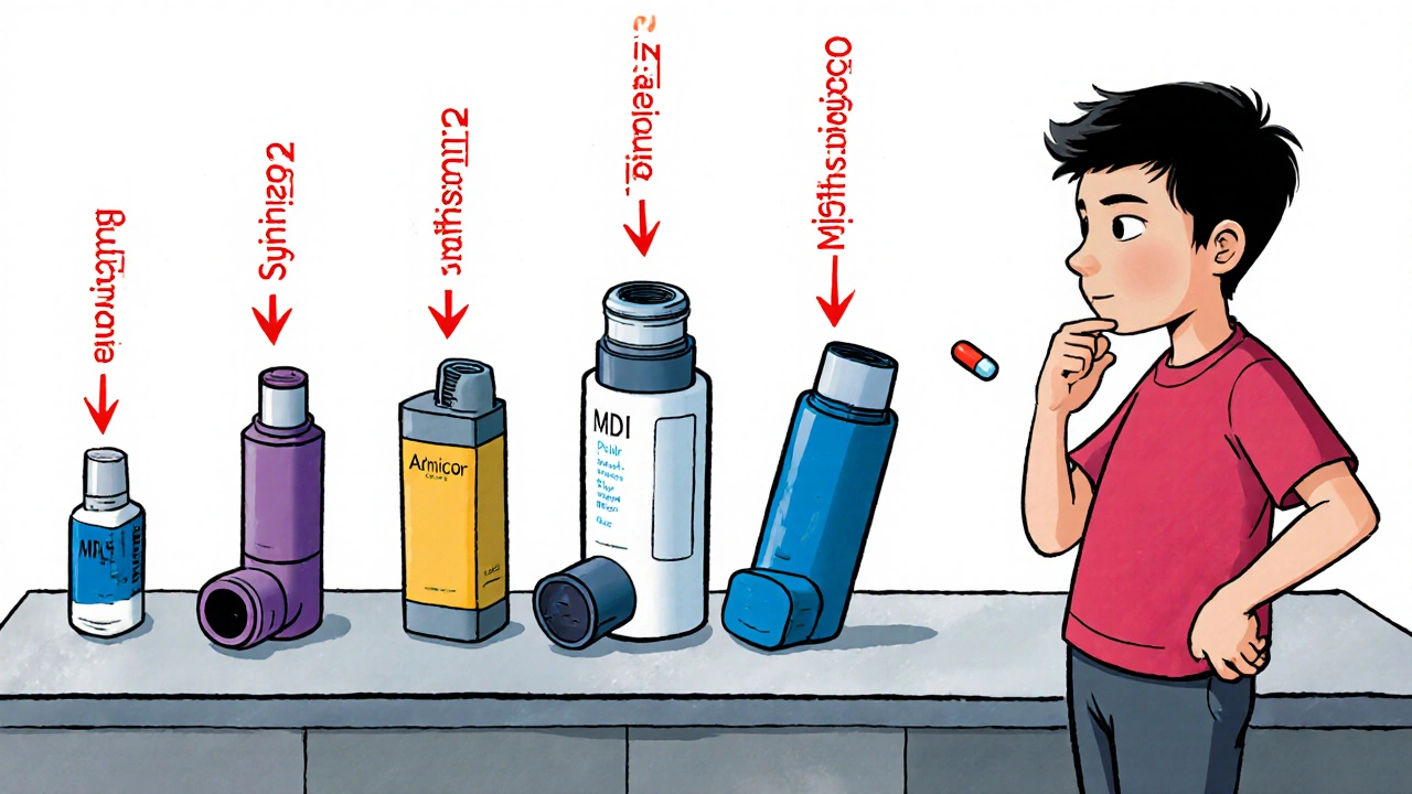 Row of six inhaler devices with a teenager contemplating choices, arrows indicating options.