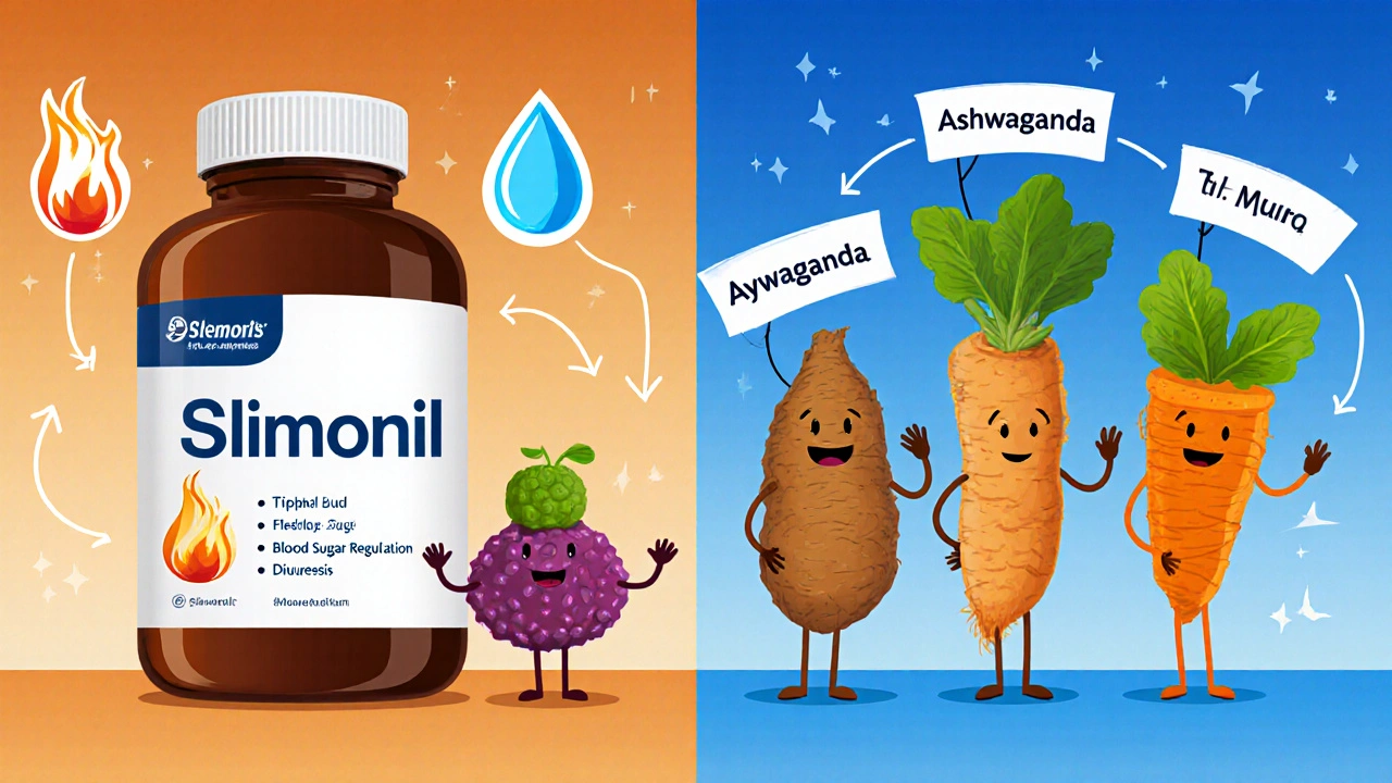 Side‑by‑side cartoon of Slimonil and alternative herb icons with action labels.