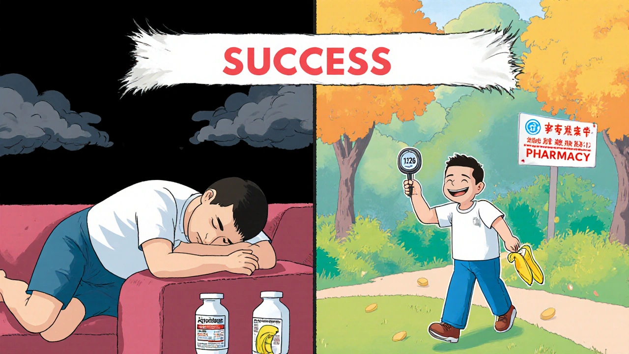 Split scene: man on multiple meds in despair vs. same man healthy and walking in park.