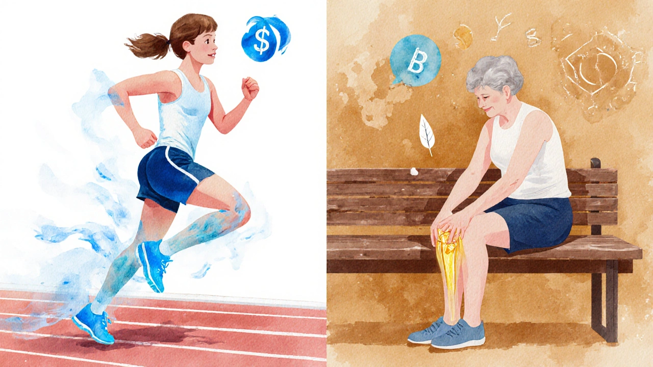 Split scene of athlete using cooling gel and senior applying herbal oil for joint relief.