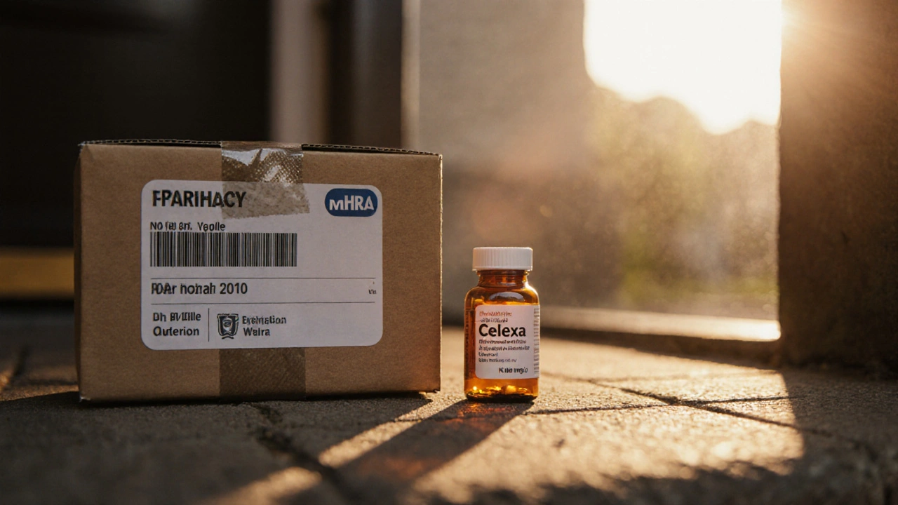 Sunrise doorstep delivery showing a parcel opened to reveal a bottle of generic Celexa pills.