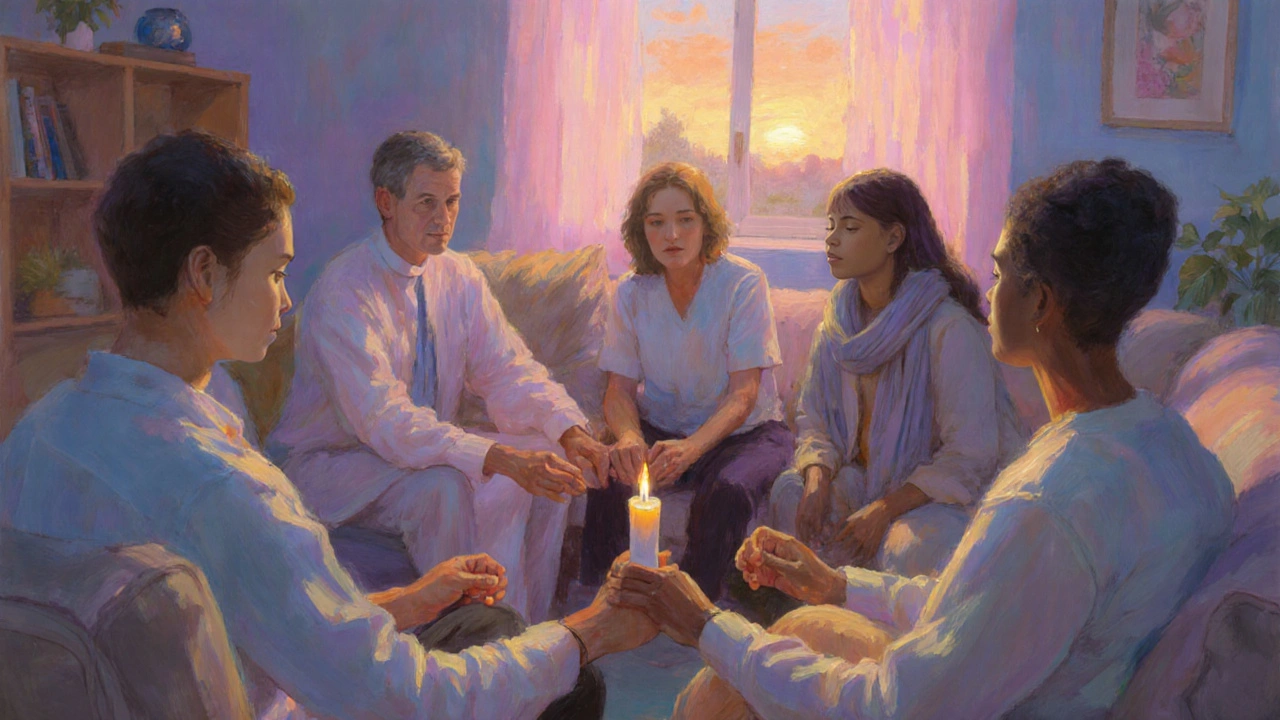 Support group holding hands in a sunrise‑lit room, conveying comfort and hope.