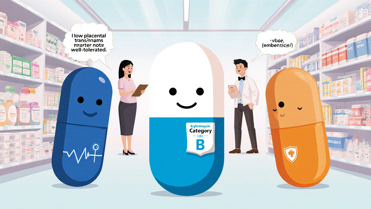 Three antibiotic characters (erythromycin, azithromycin, amoxicillin) beside pregnant woman in pharmacy.