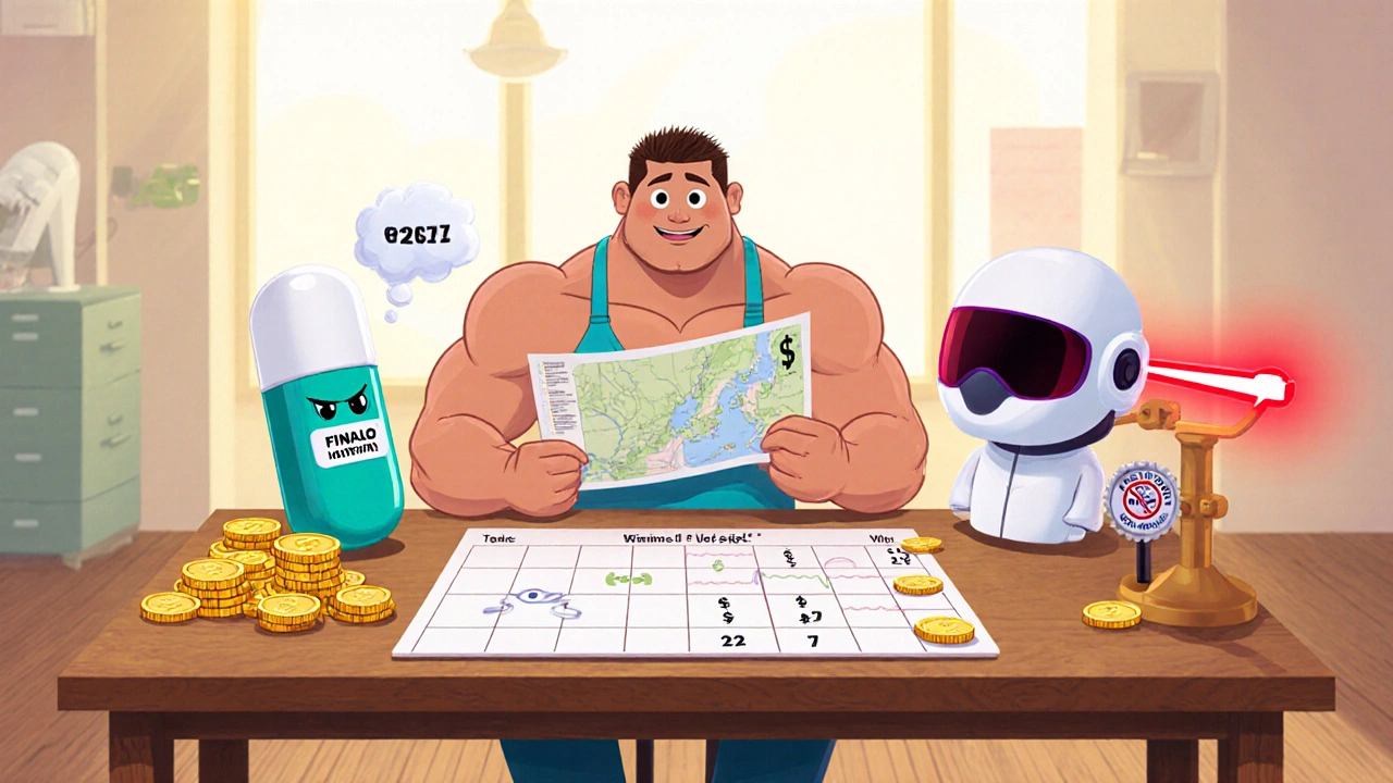 Three characters: Finalo pill, hair transplant surgeon, and laser helmet with icons.