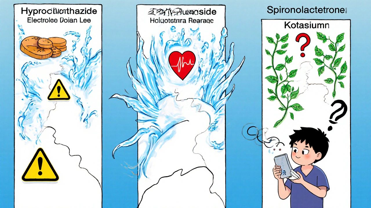 Three diuretic options compared with warning signs and balance symbols in manhua art
