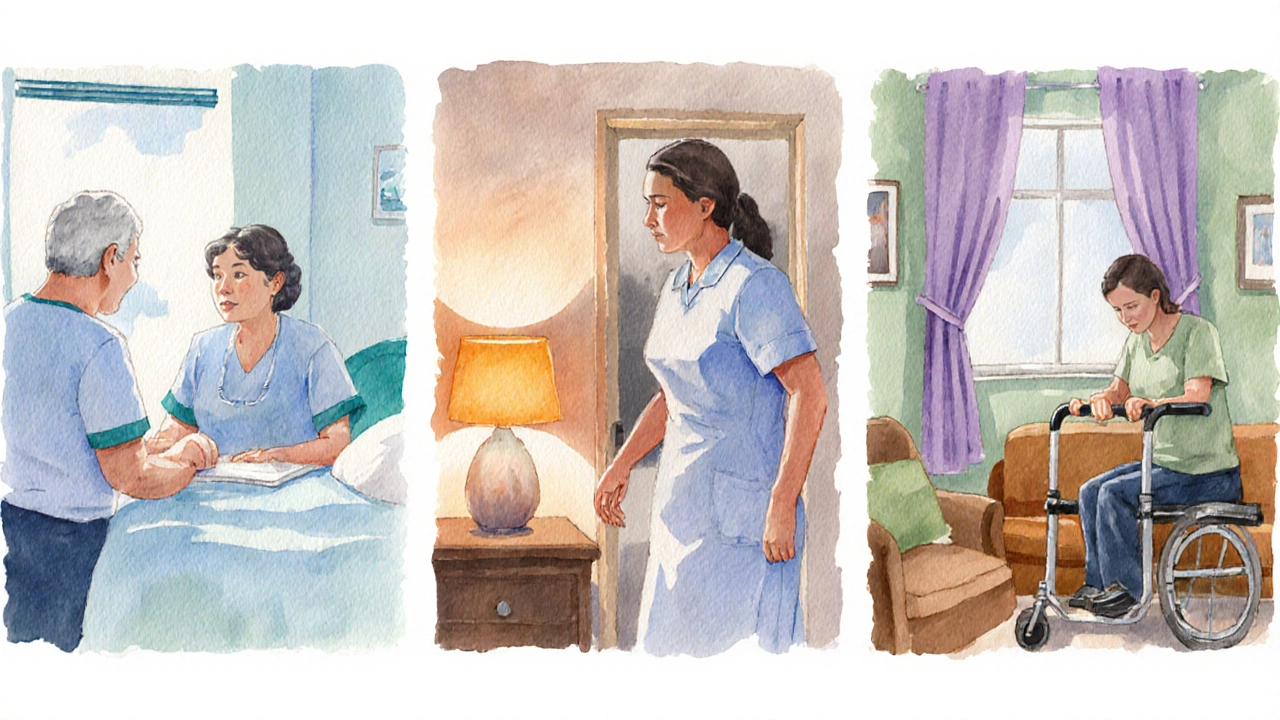Three gentle scenes showing palliative clinic, hospice home visit, and home care nurse.