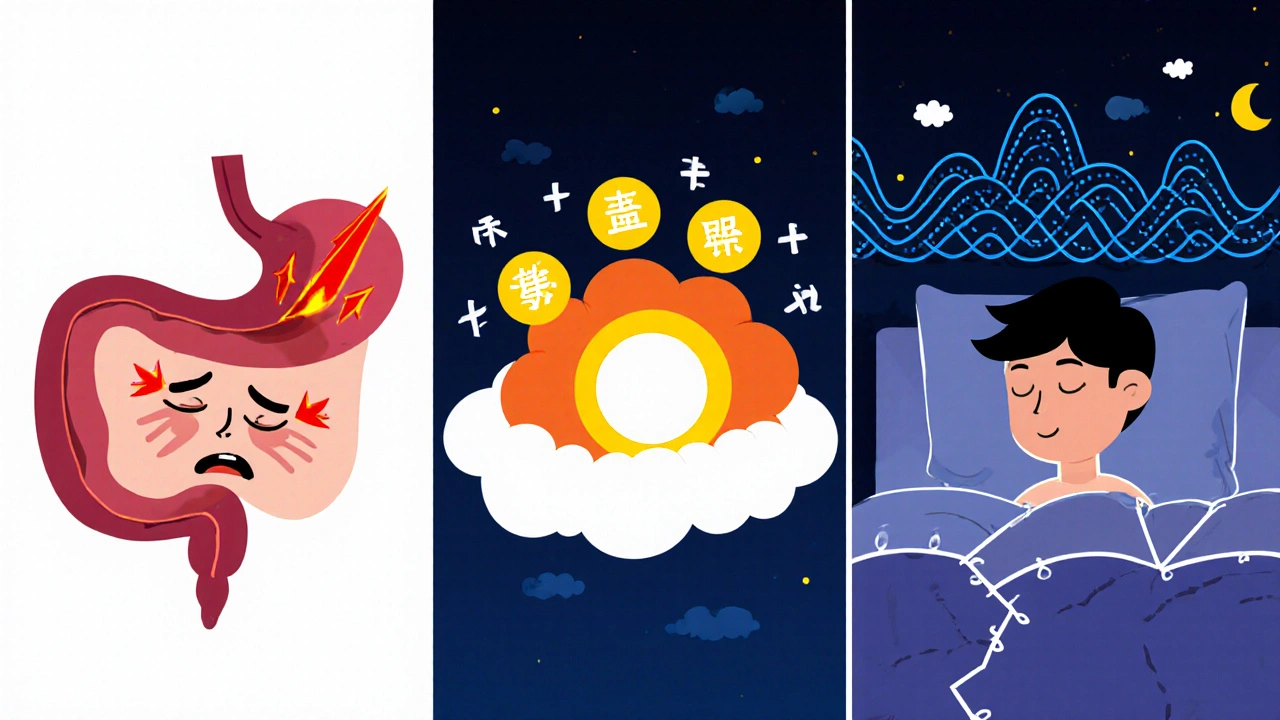 Three panels illustrating acid reflux pain, cortisol release, and disrupted REM sleep.