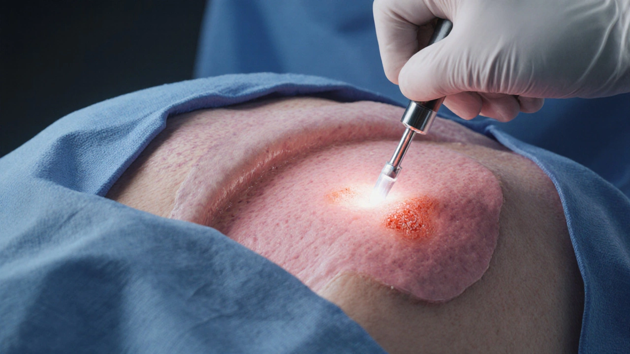 Urologist performing cystoscopy, revealing a small bladder lesion.