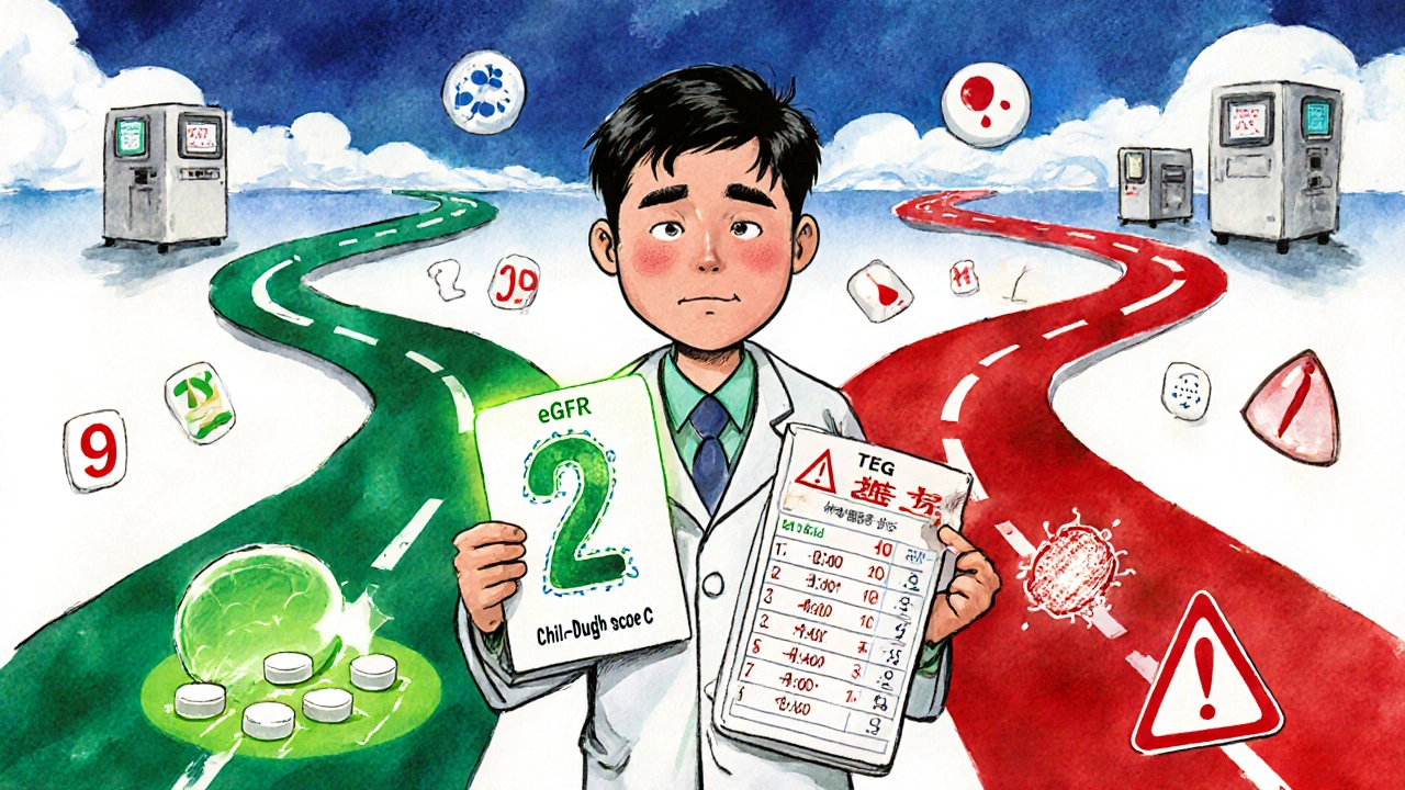 A doctor holding kidney and liver health charts, standing between safe and dangerous treatment paths.