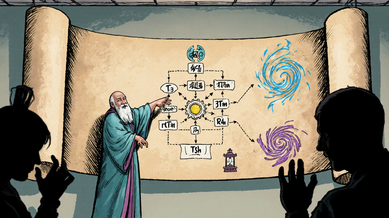 A doctor pointing to an ancient scroll showing thyroid hormone pathways disrupted by illness, with TSH calm amid chaos.