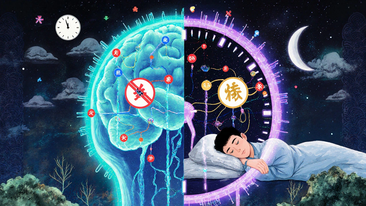A glowing brain scan shows neurotransmitters affected by antidepressants, with day and night sleep patterns depicted in traditional Chinese style.