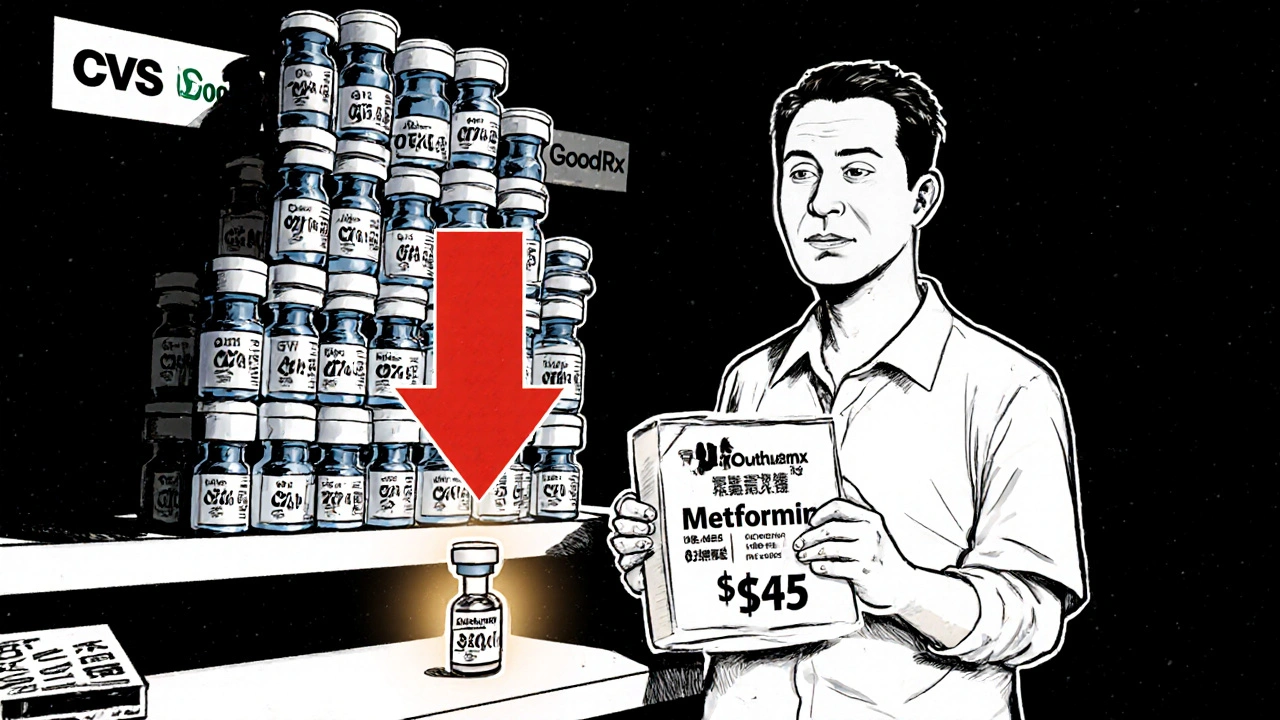 A man holding a low-cost insulin vial next to expensive ones, with a discount coupon glowing beside him.